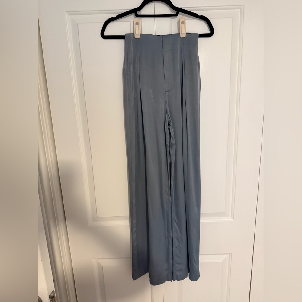 Zara Light Blue-Gray Wide-Leg Satin Pants